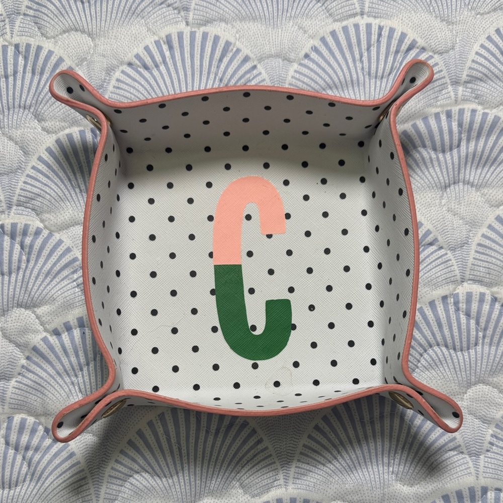 Kate Spade Polka Dot Monogram C Leather Catchall Valet Tray Desk Organizer